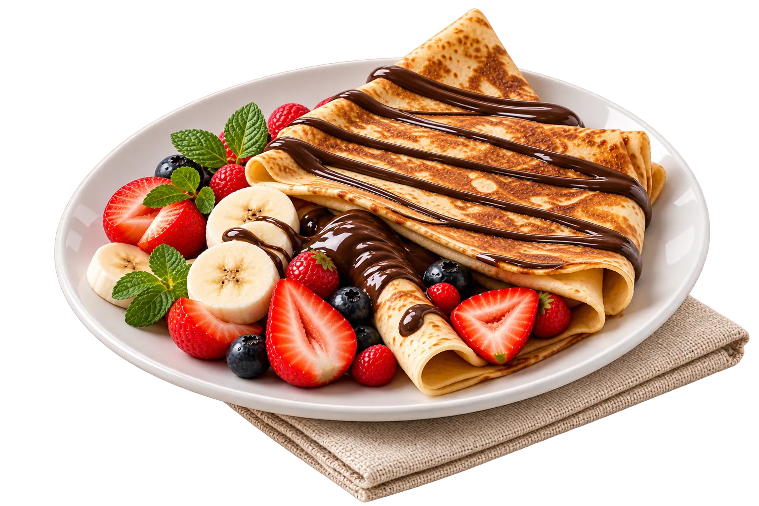 Plato de crepes con chocolate, plátano y fresas